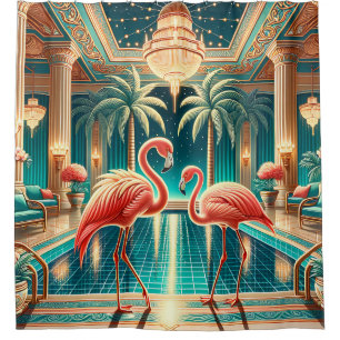 "Art Deco Flamingo Interior - Vibrant Retro Art" Duschvorhang
