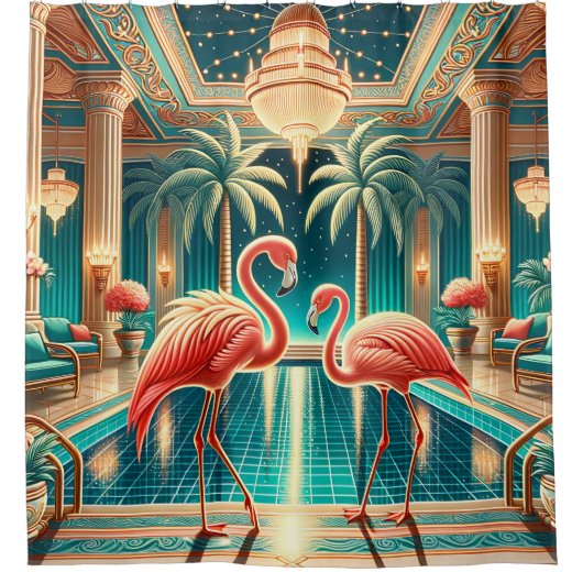 "Art Deco Flamingo Interior - Vibrant Retro Art" Duschvorhang (Vorderseite)