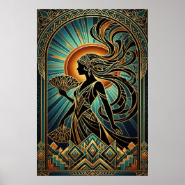 Art Deco Flapper-Frau-Porträt Gold Türkis Poster