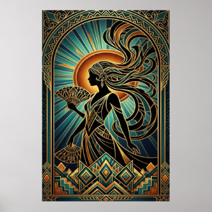 Art Deco Flapper-Frau-Porträt Gold Türkis Poster