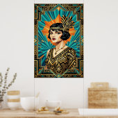 Art Deco Flapper-Frau-Porträt Gold Türkis Poster (Küche)