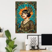 Art Deco Flapper-Frau-Porträt Gold Türkis Poster (Heimbüro)