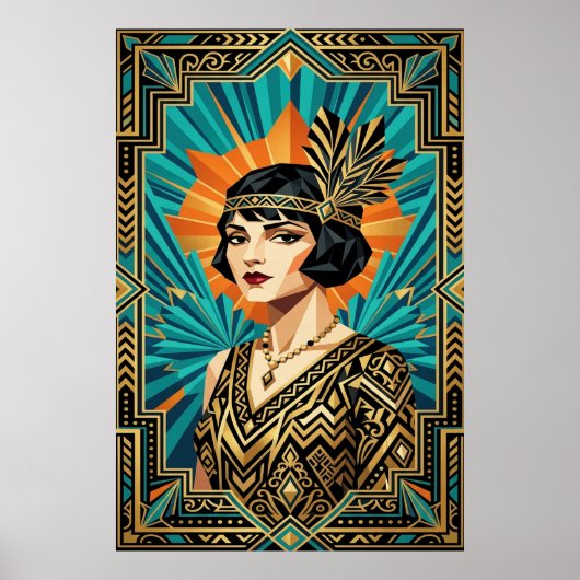 Art Deco Flapper-Frau-Porträt Gold Türkis Poster (Vorne)