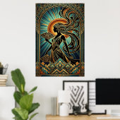 Art Deco Flapper Woman Portrait Gold Teal Poster (Heimbüro)