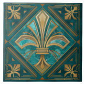Art Deco Fleur-de-lis - Aquamarine und Gold Fliese (Vorderseite)