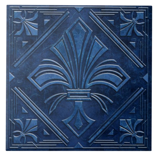 Art Deco Fleur-de-lis - Blauer Marmor Fliese (Vorderseite)
