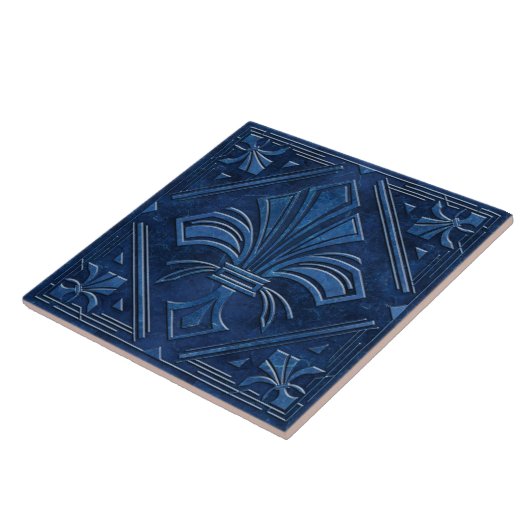 Art Deco Fleur-de-lis - Blauer Marmor Fliese (Seite)