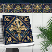 Art Deco Fleur-de-lis - Blauer Marmor und Gold Fliese