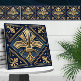 Art Deco Fleur-de-lis - Blauer Marmor und Gold Fliese