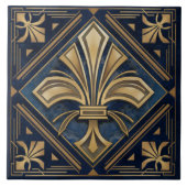 Art Deco Fleur-de-lis - Blauer Marmor und Gold Fliese (Vorderseite)