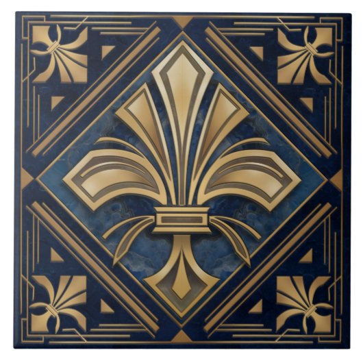 Art Deco Fleur-de-lis - Blauer Marmor und Gold Fliese (Vorderseite)