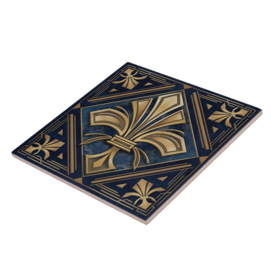 Art Deco Fleur-de-lis - Blauer Marmor und Gold Fliese (Seite)