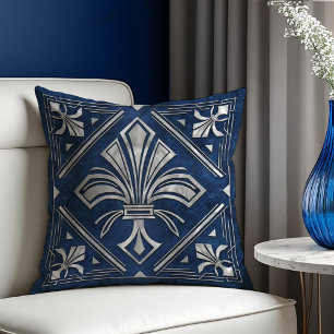 Art Deco Fleur-de-lis Blauer Marmor und Perl Kissen