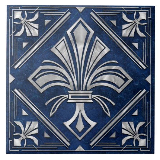 Art Deco Fleur-de-lis - blauer Marmor und Perle Fliese (Vorderseite)