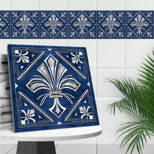 Art Deco Fleur-de-lis - blauer Marmor und Perle Fliese