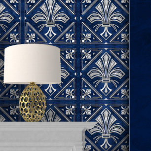 Art Deco Fleur-de-lis Blue and Pearl Tapete