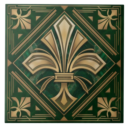 Art Deco Fleur-de-lis - Grüner Marmor und Gold Fliese (Vorderseite)