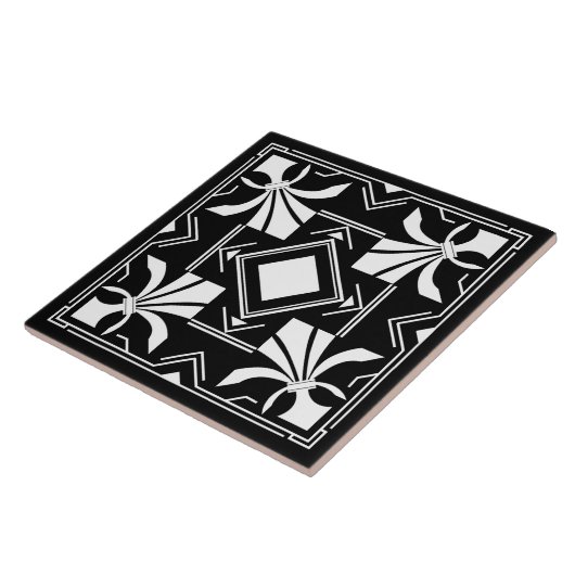 Art Deco Fleur-de-lis - schwarz-weiß Fliese (Seite)