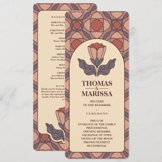 Art Deco Floral Stained Glass Wedding Program Programm (Vorne/Hinten)