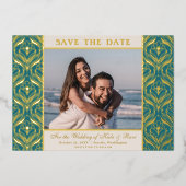 Art Deco floraler Lotus Wedding rettet Gold Folieneinladung (Vorderseite)