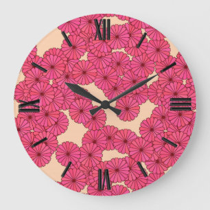 Art Deco flower pattern - deep pink and peach Große Wanduhr