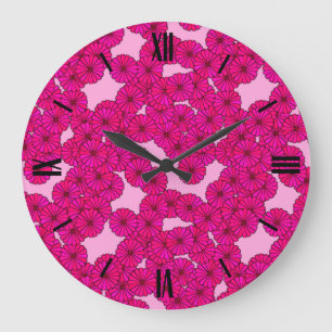 Art Deco flower pattern - magenta on pink Große Wanduhr