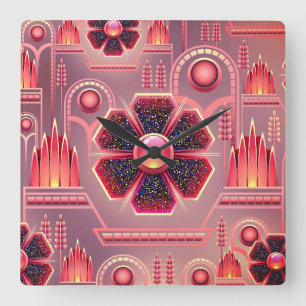 Art deco flower pattern vintage floral geometric quadratische wanduhr