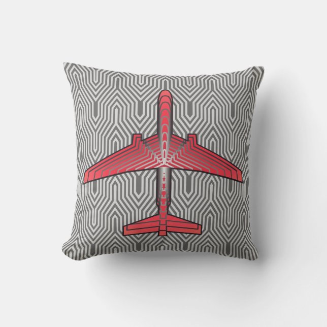 Art Deco Flugzeug, Coral Orange und Silver Grau Kissen (Vorderseite)