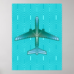 Art Deco Flugzeug, Türkis, Aquamarin und Aqua Poster