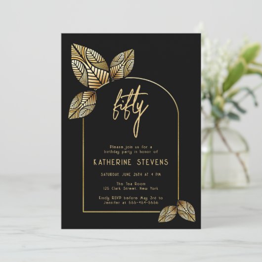 Art Deco Foliage Gold Boho Botanische 50. Geburtst Einladung (Stehend Vorderseite)