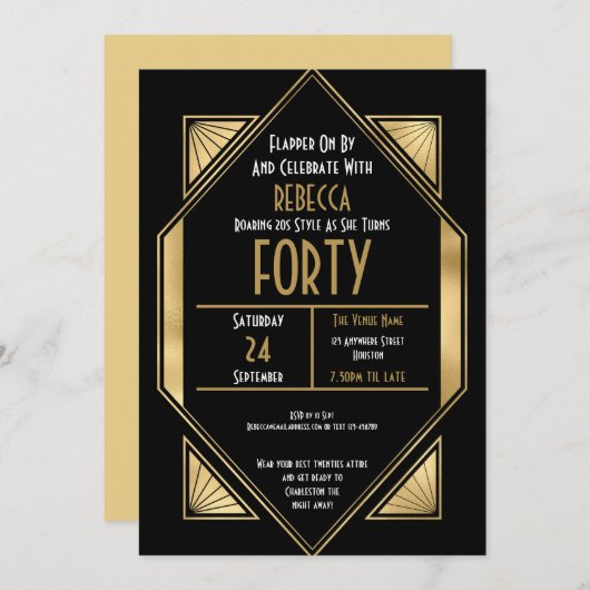 Art Deco Frame 40. Geburtstag Gold Schwarz Einladung (Vorne/Hinten)