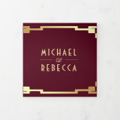 Art Deco Frame Burgundy Gold QR Code Wedding Dreifach Gefaltete Einladung (Cover)
