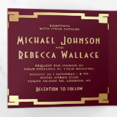 Art Deco Frame Burgundy Gold QR Code Wedding Dreifach Gefaltete Einladung (Innen Erste Seite)