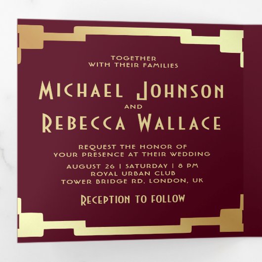 Art Deco Frame Burgundy Gold QR Code Wedding Dreifach Gefaltete Einladung (Innen Erste Seite)