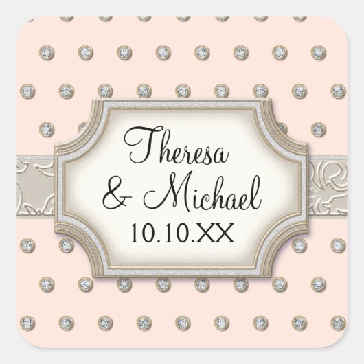 Art Deco Frame Champagne Silver Jewel Dots Quadratischer Aufkleber (Vorderseite)
