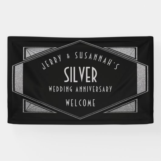Art Deco Frame Silver Anniversary Namen Black Banner (Horizontal)