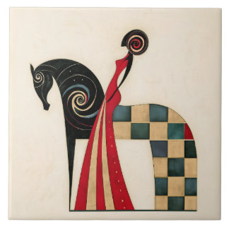 Art Deco Frau auf einem geometrischen schwarzen Pf Fliese