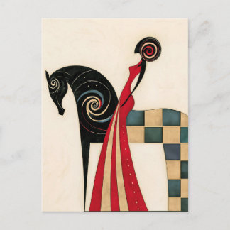 Art Deco Frau auf einem geometrischen schwarzen Pf Postkarte