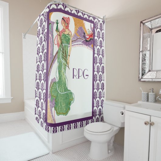 Art-Deco-Frau grün mit Monogramm Duschvorhang (Beispiel)