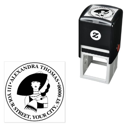 Art Deco Frau in Big Hat Gloves RL Namensadresse Permastempel (Beispiel)