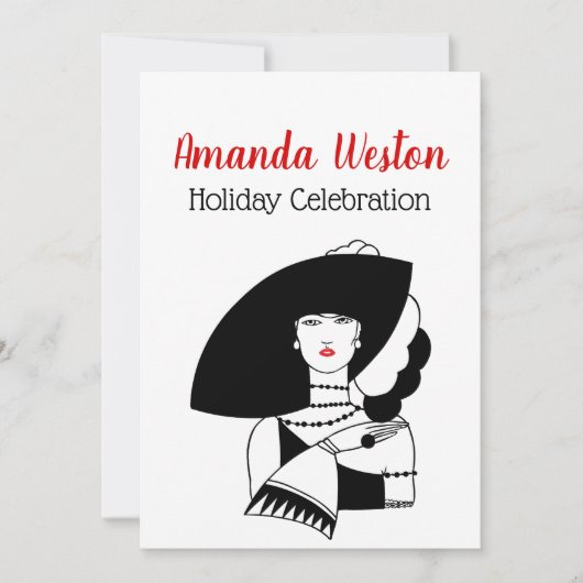 Art Deco Frau in Big Hat Gloves RL Weihnachten Wei Einladung (Vorderseite)