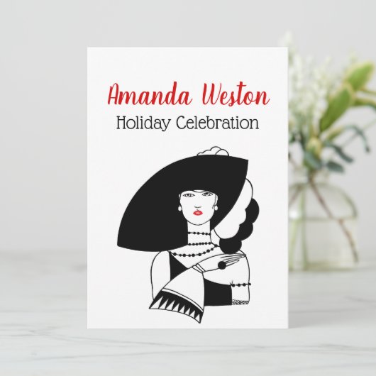 Art Deco Frau in Big Hat Gloves RL Weihnachten Wei Einladung (Stehend Vorderseite)