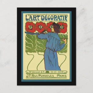 Art Deco Frau malt Mohnblumen Postkarte