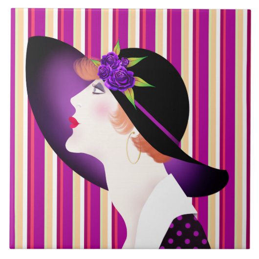 Art Deco Frau mit großer Hut Fliese (Vorderseite)