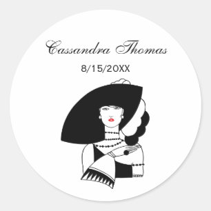 Art Deco Frau mit großer Hut Handschuhe RL Runder Aufkleber