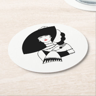 Art Deco Frau mit großer Hut Handschuhe RL Runder Pappuntersetzer