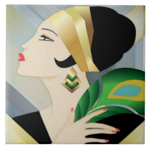 Art Deco Frau mit Pfauenfeder Fliese