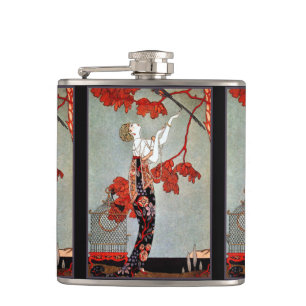 Art Deco Frau und der Papagei Flachmann