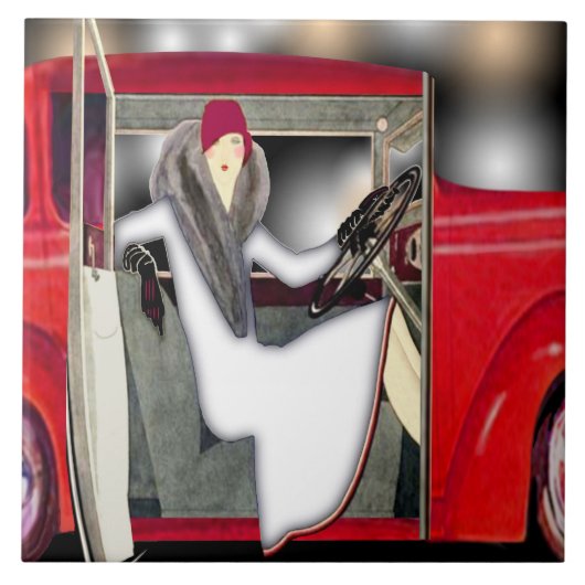 Art-Deco-Frauen im roten Sportwagen Fliese (Vorderseite)