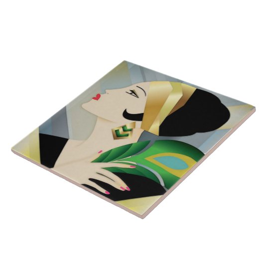Art Deco Frauen mit Pfauenfeder Fliese (Seite)